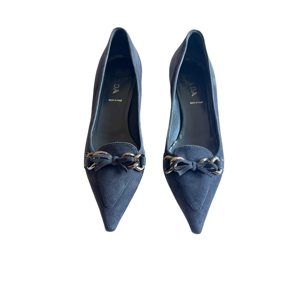 Prada Gray Suede Kitten Heel Pumps Horsebit Pointed Toe Italy EU 36.5 US 6.5 - Picture 5 of 12